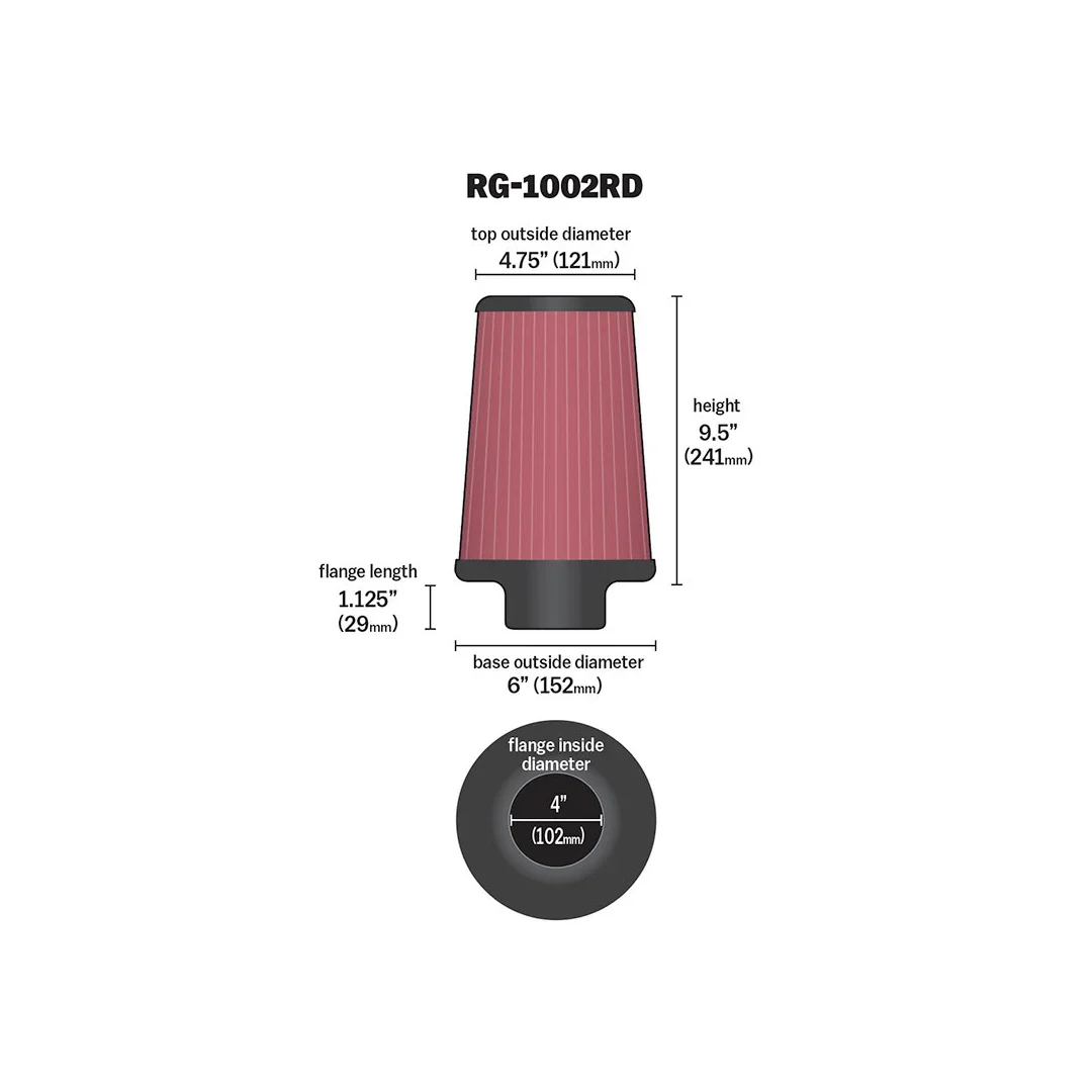 ORIGINAL K&N RG-1002 240mm high Performance Cone Air Filter (76mm/90mm/100mm) - Image 6